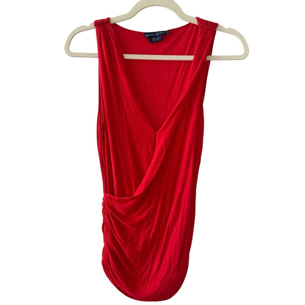 Ralph Lauren Red V Neck Surplice Top Ruching Soft Flattering Luxury Chic S